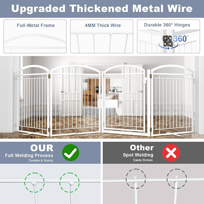 Full Metal Free Standing Dog Gate with Door for Outdoor Indoor,96'' Extra Wide 36'' Tall Dog Gates for Doorways,Large Openings,Decks,Porch,Freestanding Portable Pet Fence(4 Panels,White)