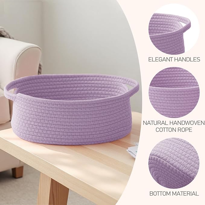 Woven Basket,Small Rope Storage Bin with Handles & Ribbon Bag, Organizer for Shelves Closets,Gift Basket Empty for Birthday,Books,Dog Toys, Purple/3 Pack