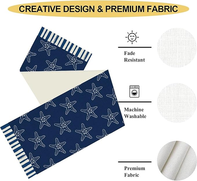 Starfish Table Runner, Summer Coastal Navy Blue Nautical Tropical Rustic Farmhouse Coffee Table Center Decor for Home Kitchen Dining Patio Holiday Party Table Decorations 13"x90"