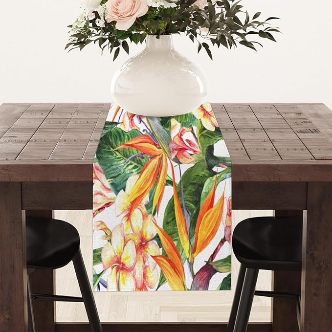 Tropical Exotic Flowers Bird Paradise Table Runner Kitchen Dining Table Runner 13*48in Table Center Decor for Indoor Outdoor Home Holiday Party