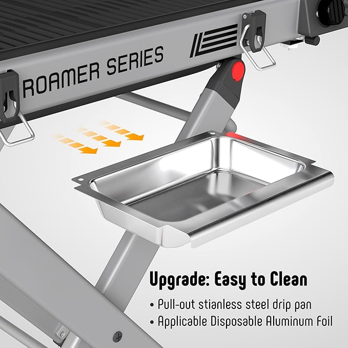 Portable Propane Gas Grill with Folding Cart & 13000 BTUs Burner, 360 Sq. In. Cast Iron Cooking Grates, Side Table, 8" Wheels, Stainless Grease Tray, Black Includes Propane Adapter Hose.