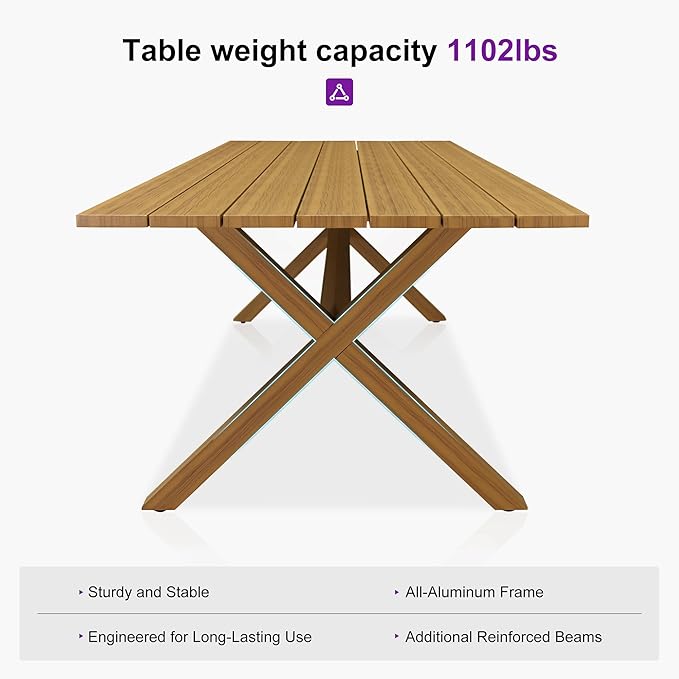 PURPLE LEAF Outdoor Dining Set for 6 All-Weather Aluminum 7 Piece Outdoor Patio Dining Furniture Sets with Woodgrain Table and Rope Weave Chairs Included Cushions for Backyard Patio Set Teak Color