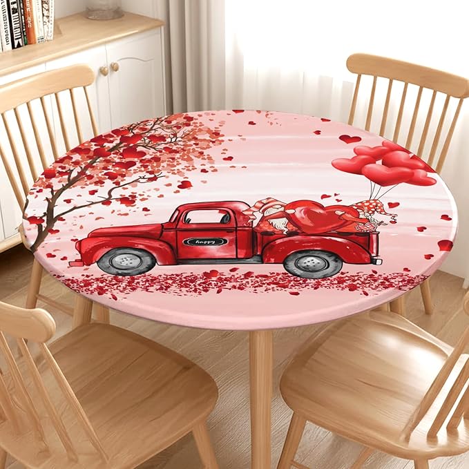 Valentines Day Round Fitted Tablecloth with Elastic Pink Red Heart Circle Table Cloth for 44-48" Round Tables Wipeable Waterproof Washable Gnome Truck Valentine Table Cover for Dining Picnic Party