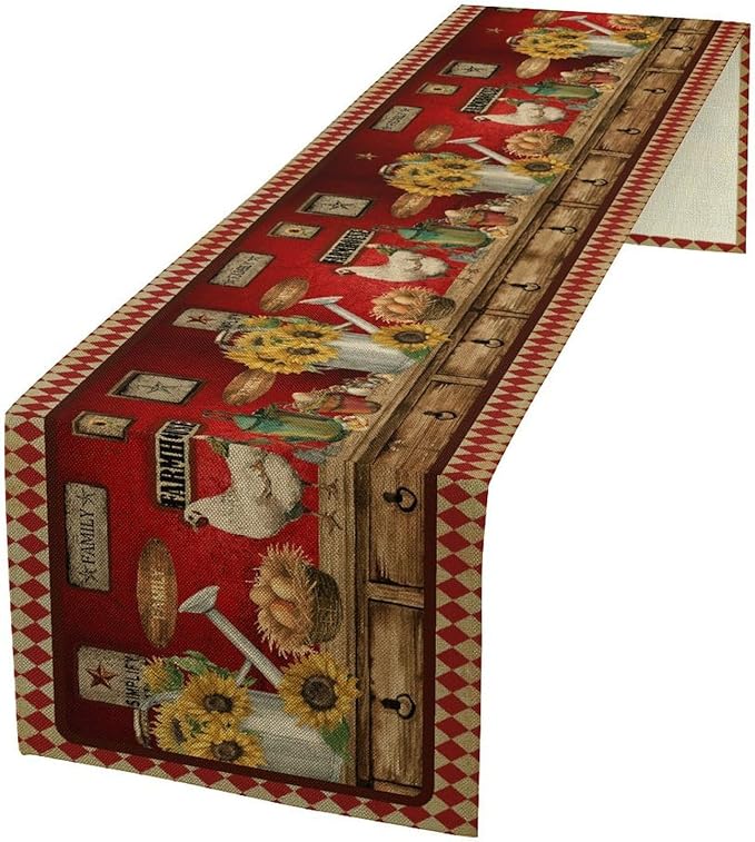 Rooster Table Runner, Rustic Farmhouse Country Cottage Farm Animal Sunflower Retro Checked Table Runner Seasonal Holiday Home Kitchen Dining Table for Home Party Decor 13"x108"