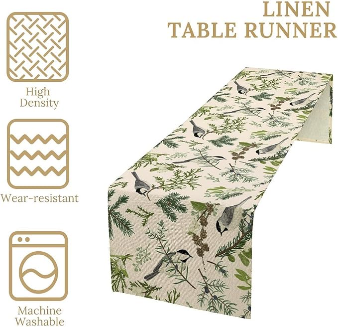 Bird Spring Table Runner,Vintage Watercolor Perching Birds Green Pine Branches Table Runner for Kitchen Dining Table Holiday Indoor Outdoor Home Party Decor 13x108in