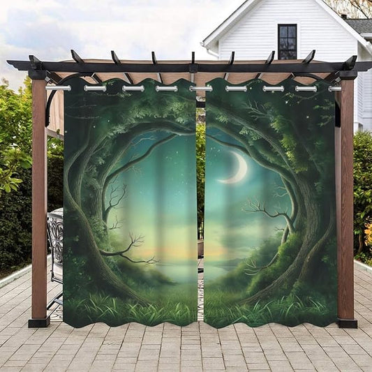 Forest Theme Waterproof Outdoor Curtains for Patio,Trees Moon Lake Pattern,UV and Fade Resistant Outside Curtains for Gazebo, Front Porch, Pergola,2 Panels,36 x 84 inch,Green