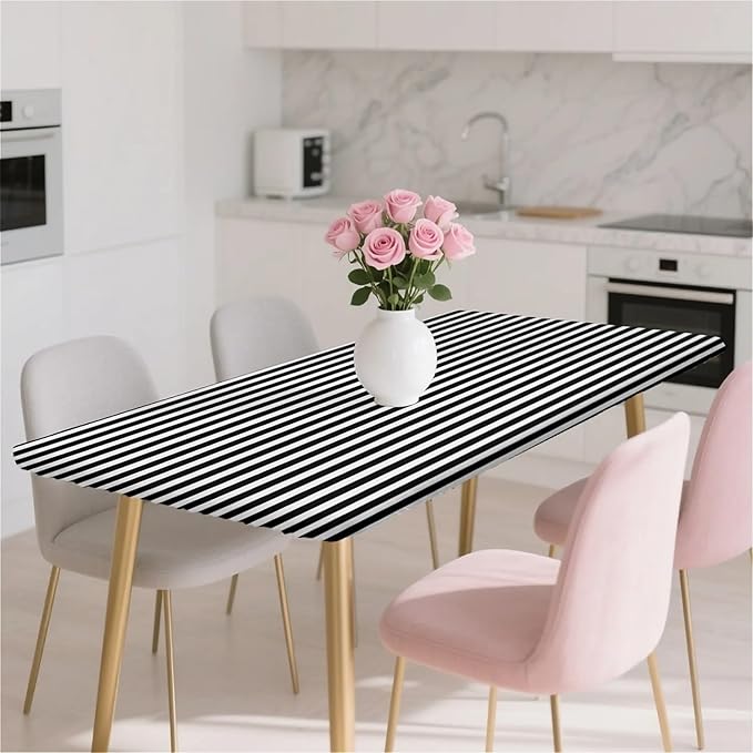 Rectangle Table Cloth Cover Waterproof Elastic Fitted Polyester Fitted Tablecloths for 8 Foot Tables for Indoor,Picnic, Camping, Outdoor （96" x 30"，Stripe）