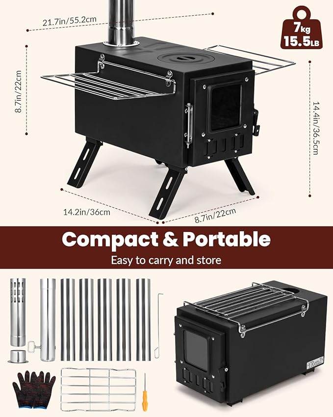 Upgraded Portable Wood Stove for Camping, YRenZ Compact Tent Stove with Large Firebox, High Airtightness for Outdoor Cooking & Heating