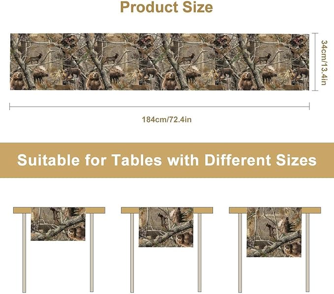 Forest Camouflage Table Runner, Camo Rustic Wildlife Animal Hunting Deer Elk Bird Bear Table Runner for Party Kitchen Dining Banquet 13x60in