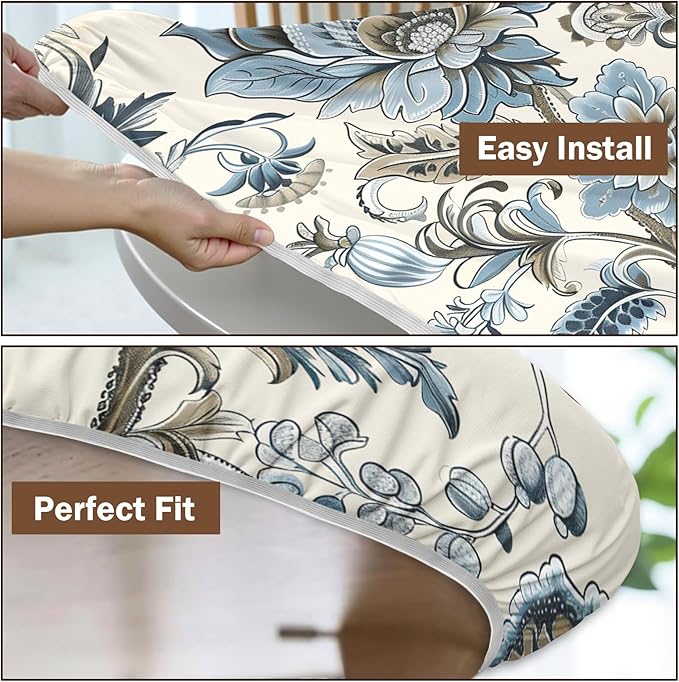 Vintage Floral Round Fitted Tablecloth with Elastic Blue Brown Chinoiserie Flower Circle Table Cloth for 36-40" Round Tables Wipeable Waterproof Elegant Rustic Table Cover for Dining Patio Picnic