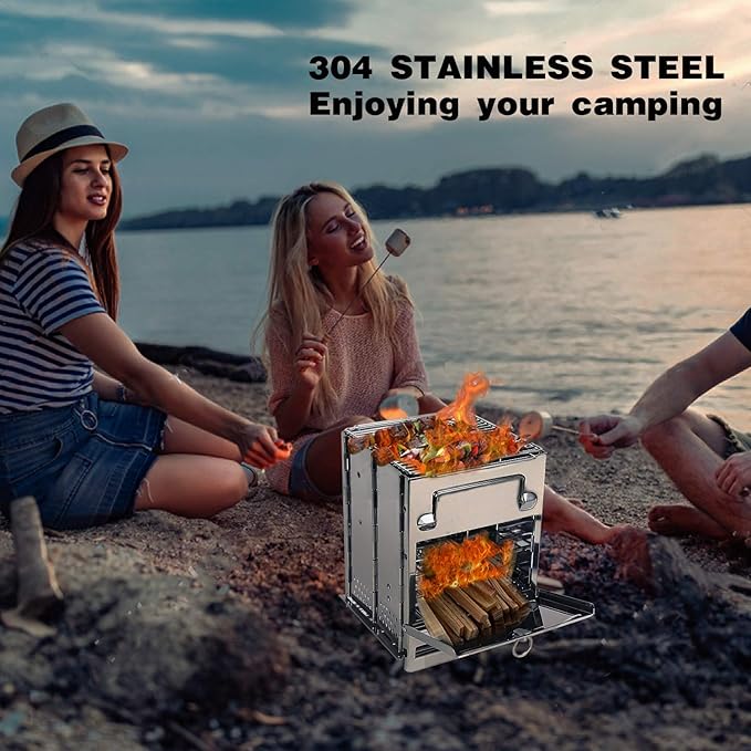 REDCAMP Camping Wood Burning Stove, Stainless Steel Compact Portable Foldable Mini Mult Fuel Camp Stove with Storage Bag, Perfect for Backpacking Hiking Outdoor Cooking Picnic BBQ (silver-large)