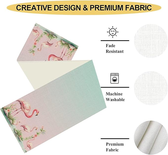 Flamingo Table Runner,Teal Pink Flamingo Family with Flowers Grass Watercolor Style Table Center Decor for Family Kitchen and Living Room Outdoor Farmhouse Party Table Decorations, 13"x36"