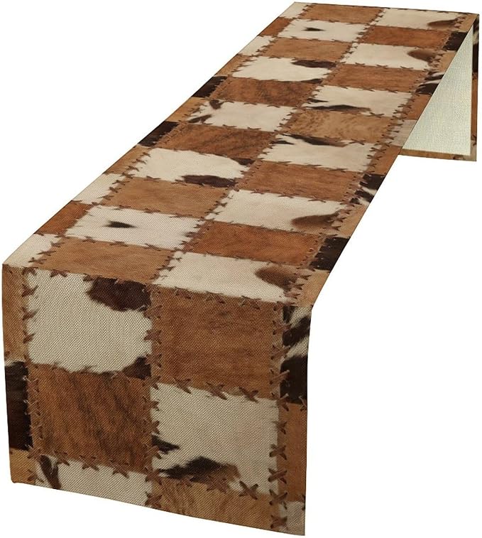 Cowhide Animal Table Runner, Vintage Western Cowboy Patchwork Fur Table Runner for Kitchen Farmhouse Dining Home Banquet Party 13x36in