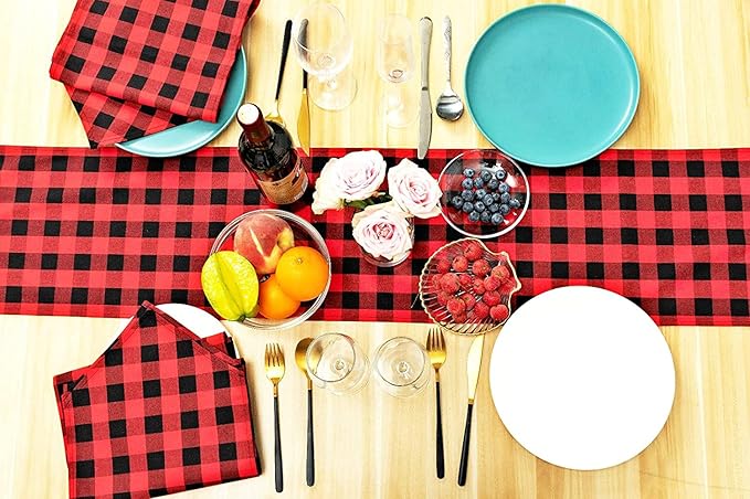 8 Pack Buffalo Check Table Runners Plaid Table Runner for Christmas Dinner, Lumberjack Party, Outdoor or Indoor Gatherings Table Home Decorations (Red & Black, 72inches)