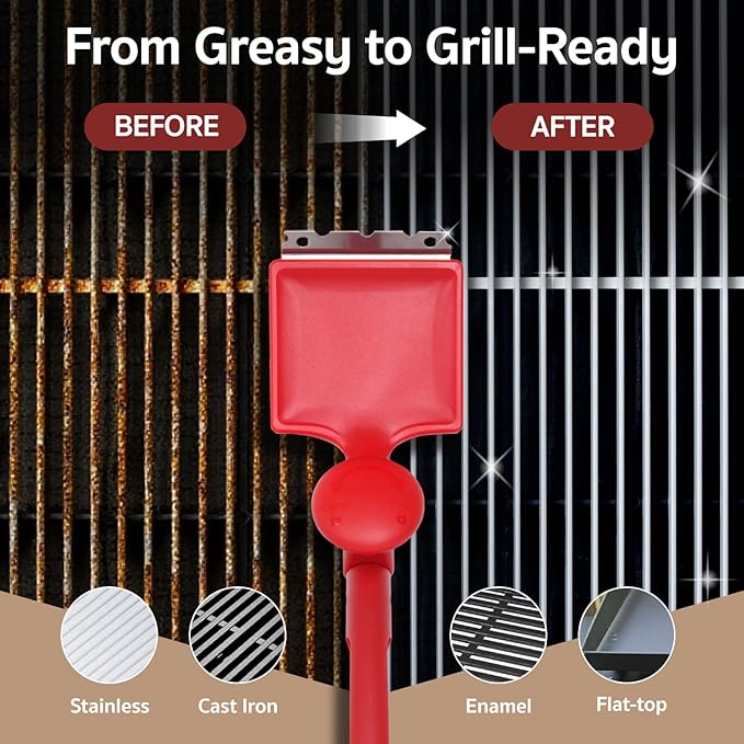 GASPRO Steam Grill Brush Bristle Free for Outdoor Grill, BBQ Cleaning Brush Set with 2 Replacement Heads, Heat-Activated Sponge & Scraper, Ergonomic Handle, Safe for Most Grates, Red