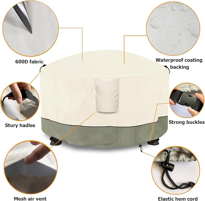 Fire Pit Cover,Outdoor Heavy Duty 600D 100% Waterproof Fire Pit Cover Round,Weatherproof Firepit Covers Round 32" Dia x 24" H,Beige