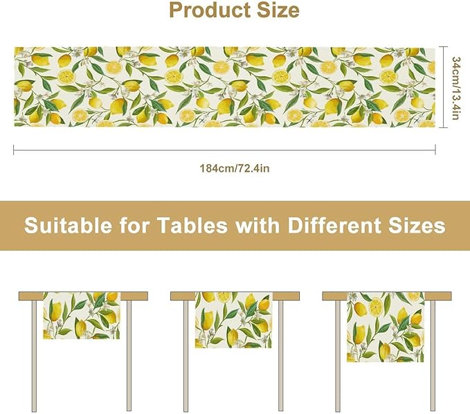 Lemon Table Runner, Summer Fruits Green Leaves Flower Plant Table Runner for Farmhouse Coffee Home Kitchen Dining Party Outdoor 13x108in