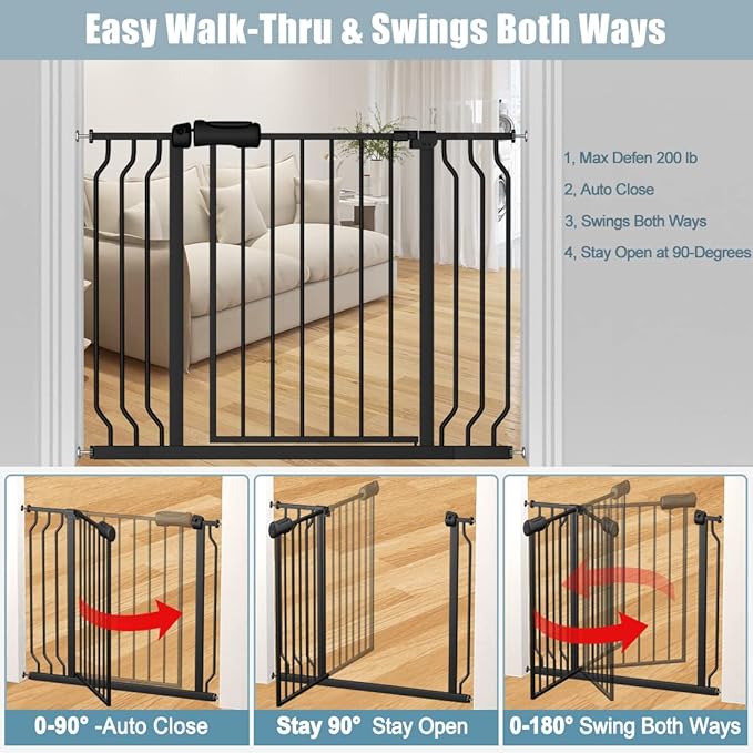 Extra Wide Baby Gate Black 34-38.5 Inch Wide Walk Through Pressure Mounted No Drill Long and Large Tension Metal Gate for Dog and Toddler