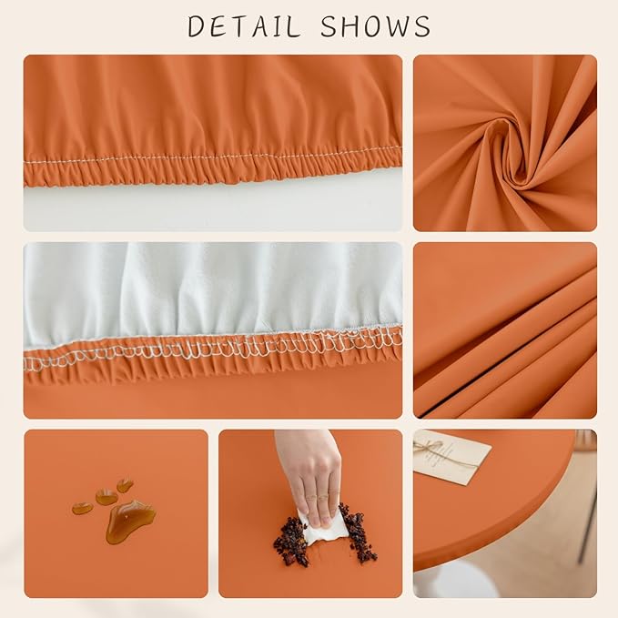 Fall Round Fitted PU Tablecloth with High Elastic Edge 63 Inch Dia Waterproof Oil Proof Table Cloth Anti-Scald Stain-Resistant Wipeable Table Cover for Indoor Outdoor Picnic (Orange,63" Dia)