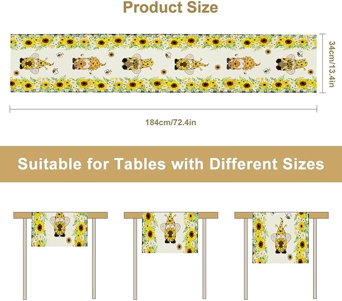 Summer Sunflower Gnome Table Runner, Buffalo Plaid Bee Farmhouse Seasonal Table Decoration for Outdoor Home Party Kitchen Dining Holiday 13x60in