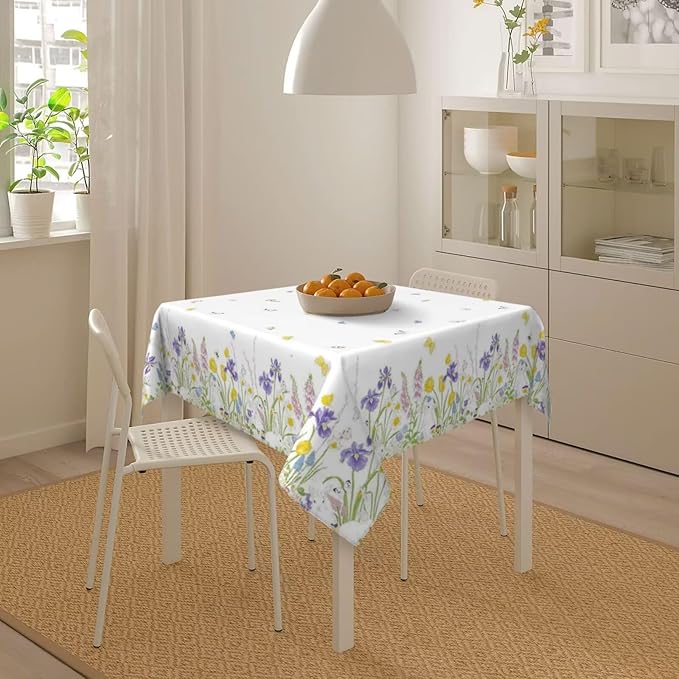 Spring Easter Tablecloth 54 x 54 Inch Square, Bunny Colorful Flower Butterfly Decorative Tablecloths Stain Resistance Polyester Rabbit Floral Table Cloth for Holiday Parties Kitchen Dining