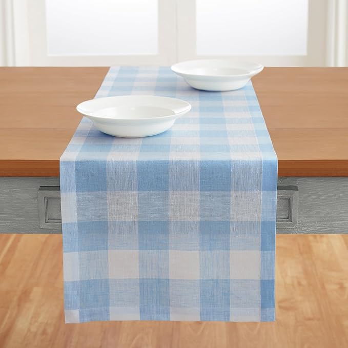 Solino Home Linen Checkered Table Runner 120 Inches Long - 100% Pure Linen Blue Bell Buffalo Check Table Runner 14 x 120 Inch Ideal for Dining, Spring, Easter, Winter