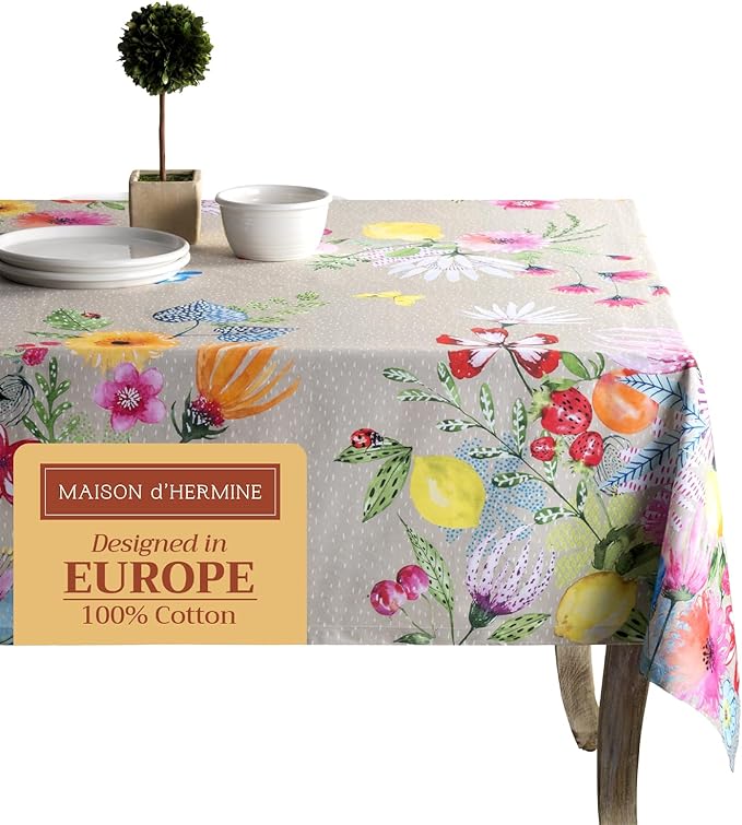 Maison d' Hermine Table Cloth Square Table 100% Cotton 54 x 54 Inches Tablecloth Reusable Decorative for Dining Room, Farmhouse, Home, Party, Festive & Wedding Spring Summer - Jardin D'Ete - Fog