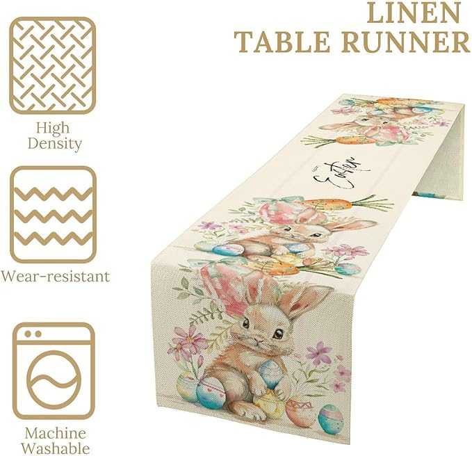 Easter Bunny Table Runner,Rustic Watercolor Bunnies Easter Eggs Carrots Floral Seasonal Table Center Decor for Family Kitchen Living Room Outdoor Farmhouse Party Table Decorations, 13"x108"