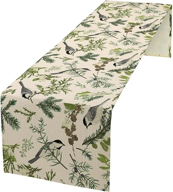 Bird Spring Table Runner,Vintage Watercolor Perching Birds Green Pine Branches Table Runner for Kitchen Dining Table Holiday Indoor Outdoor Home Party Decor 13x108in