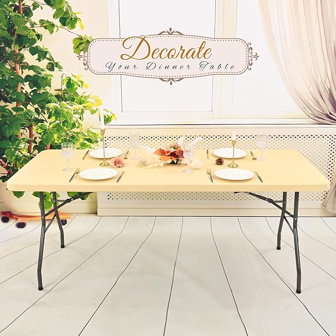 10 Pack Stretch Fabric Table Top Cap Cover, Beige Table Covers fits 8Ft Tables, Washable Elastic Universal Rectangle Tablecloth Protector for Indoor Outdoor Party Picnic Wedding (30" W x 96" L)