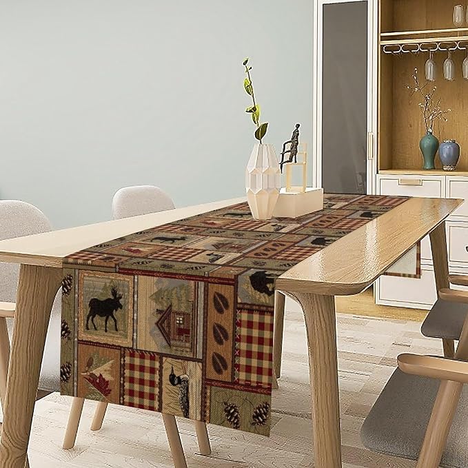 Rustic Deer Bear Table Runner, Vintage Bear Country Cabin Farmhouse Table Runner for Home Kitchen Dining Table Decoration 13x108in