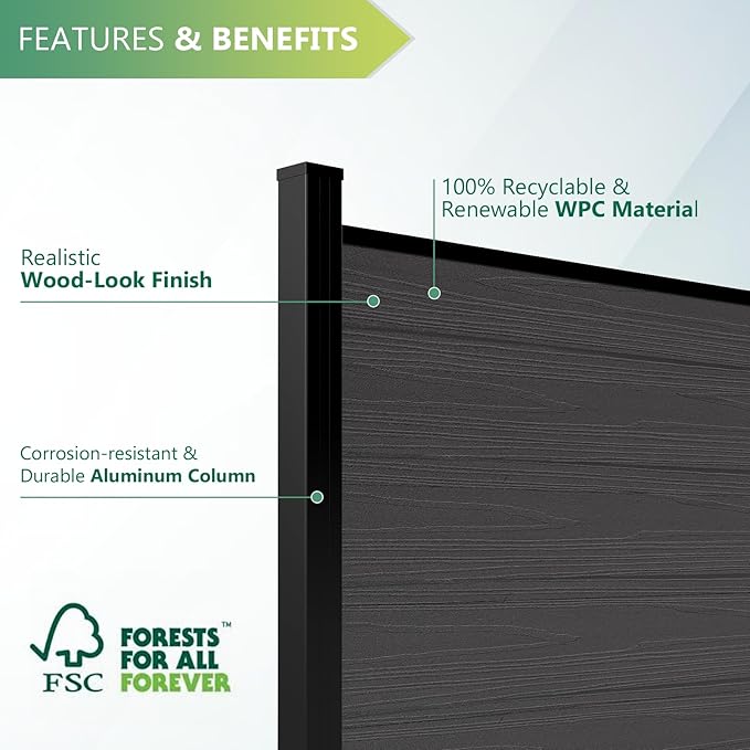 Mondaria Fence Privacy Screen with 8ft In-ground Posts, 6ft(H) x 24ft(W) Wood Plastic Composite Fence Panels Weather-Resistant Outdoor Fence for Backyard/Garden (Silver Gray, 5 Posts)