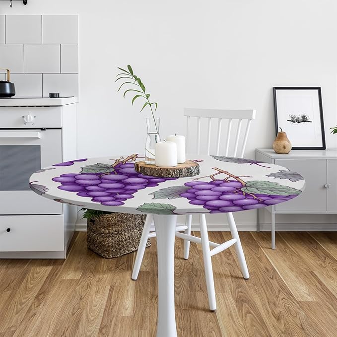 Grape Fruit Purple Leaves Round Table Cloth Cover, Elastic Edge Waterproof Wipeable Tablecloths 45"-56" Polyester Tablecloth for Party Restaurant Banquet Holiday Camping Outdoor Picnic