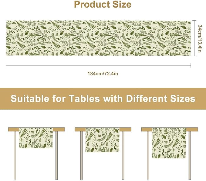 Green Leaves Table Runner,Spring Summer Herbs Botanical Natural Plants Print Table Runner for Kitchen Dining Table Farmhouse Home Party Decor 13x90in
