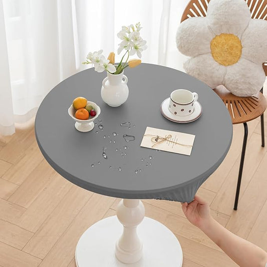 Round Fitted PU Tablecloth with High Elastic Edge 35 Inch Dia Waterproof Oil Proof Table Cloth Anti-Scald Stain-Resistant Wipeable Table Cover for Indoor Outdoor Picnic (Light Grey,35" Dia)