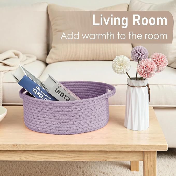 Woven Basket,Small Rope Storage Bin with Handles & Ribbon Bag, Organizer for Shelves Closets,Gift Basket Empty for Birthday,Books,Dog Toys, Purple/2 Pack