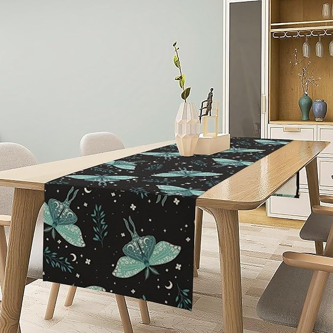 Butterfly Moth Table Runner, Boho Moon Green Leaves Plant Print Table Runner for Farmhouse Kitchen Dining Table Holiday Party Home Decor 13x90in