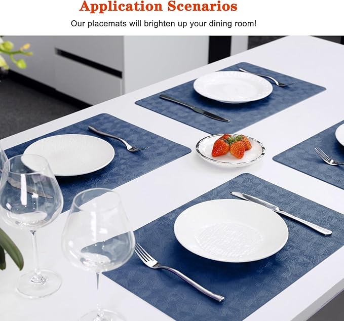 Vinyl Placemats Set of 6 Heat Resistant Easy Clean Non-Slip Place Mats for Dining Table. Faux Leather Waterproof Stain Resistant Wipeable Washable PU Table Mats(6, Blue)