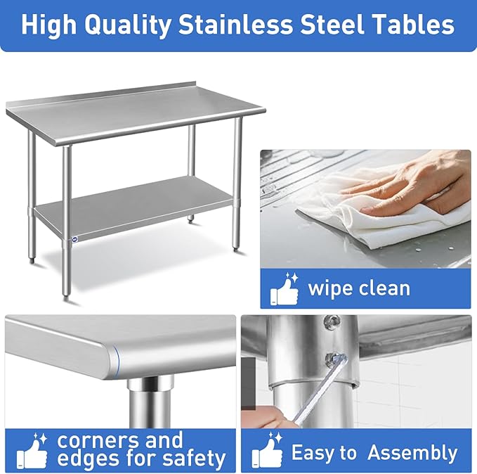 ROCKPOINT Stainless Steel Table for Prep & Work with Backsplash 18x60 Inches, NSF Metal Commercial Kitchen Heavy Duty Table with Adjustable Under Shelf and Table Foot for Restaurant, Home and Hotel