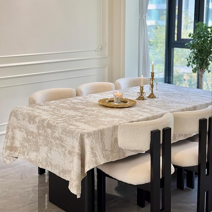 French Rectangle Tablecloth 60 x 84 Inch, Beige Jacquard Spillproof Waterproof Table Cloth, Polyester Cotton Decorative Fabric Table Cover for Dining, Party, Wedding, Kitchen, Farmhouse