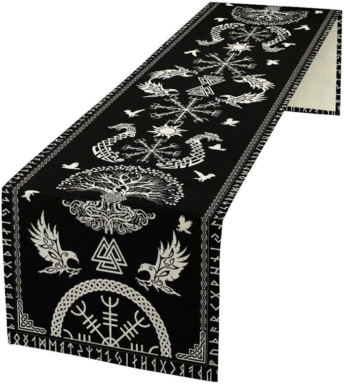Viking Table Runner, Black Viking Tree of Life Raven Helmet of Awe Table Runner for Kitchen Dining Home Party 13x36in