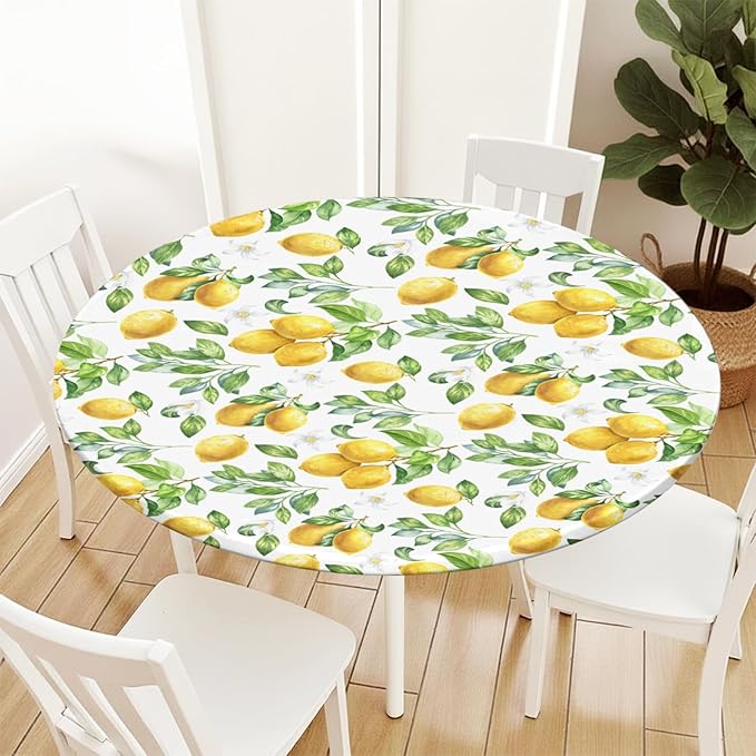 Lemon Round Fitted Tablecloth with Elastic Spring Summer Yellow Lemons Circle Table Cloth for 48-52" Round Tables Wipeable Waterproof Lemonade Party Farmhouse Table Cover for Picnic Dining Outdoor