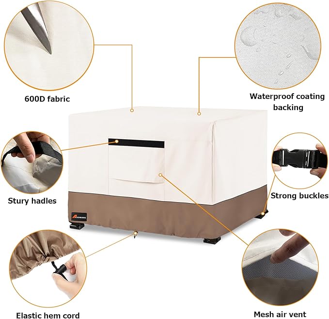 Fire Pit Cover Square, Outdoor Heavy Duty Durable 600D Tear-Resistant 100% Waterproof 34-36 Inch Fire Pit Cover, Patio Weatherproof Square Fire Table Protector, Beige 36" L x 36" W x 24" H