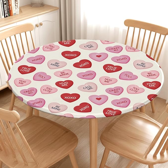 Valentines Day Round Fitted Tablecloth with Elastic Pink Red Love Hearts Circle Table Cloth for 48-52" Round Tables Wipeable Waterproof Valentines Decorative Table Cover for Picnic Dining Party Decor