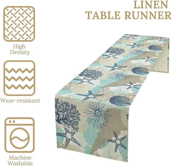 Marine Life Table Runner, Sea Underwater World Ocean Creature Table Runner for Dining Kitchen Party Holidays Home 13x36in