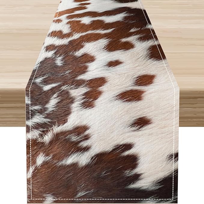 Cow Print Table Runner, Brown Cowhide Print Western Style Table Runner Country Farmhouse Cottage Cow Pattern Linen Table Decoration for Home Kitchen Dining 13x36