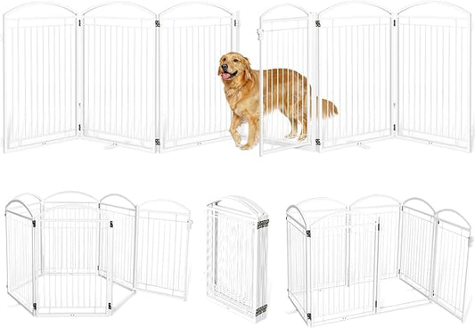 Full Metal Free Standing Dog Gate with Door for Indoor Outdoor, 144'' Extra Wide 36'' Tall Dog Gate for Doorways,Large Openings,Decks,Freestanding Portable Pet Fence(6 Panels,White)