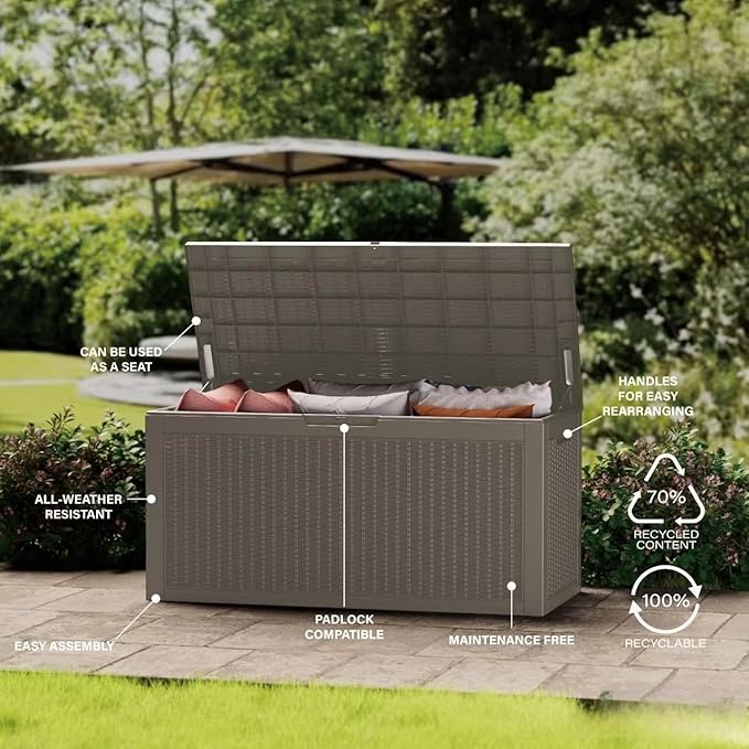 320 Gallon Resin Deck Box, Waterproof Outdoor Storage Box for Patio Furniture Cushions, Garden Tools, and Pool Accessories, Large Lockable UV-Resistant Storage Bin Bench Cabinet for Outside, Grey