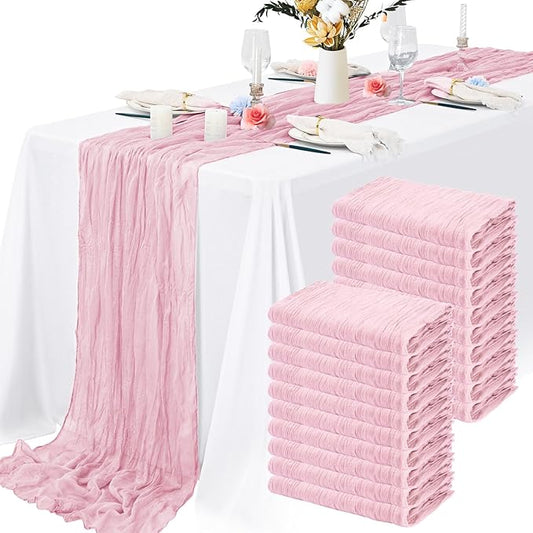 20 Packs Cheesecloth Table Runner 10FT Long Boho Gauze Fabric Table Runner Vintage Rustic Sheer Runners for Wedding Party Bridal Baby Shower Table Decorations (Light Pink)