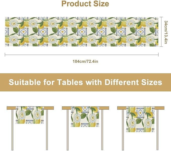 Tiles Lemon Table Runner, Watercolor Italian Tile Floral Plant Print Table Runner for Farmhouse Coffee Home Kitchen Dining Outdoor Party 13x120in